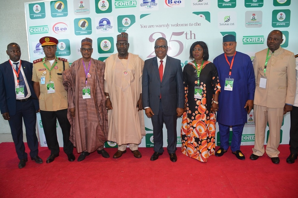 The Honourable Minister of Works and Housing ably represented by the Minister of State Engr  Abubakar D  Aliyu  FNSE  the Executive Governor of Cross River State ably represented by the Deputy Governor  Prof  Ivara Esu  the Permanent Secretary  Ministry of Works and Housing Mohammed Bukar  the Permanent Secretary  Cross River State Ministry of Works  Dr  Mrs  Ihort G C Achu  the Director  Planning  Research and Statistics Department  FMW H Dr  Famous S  Eseduwo and other dignitaries at the formal opening ceremony of the 25th Meeting of the National Council on Works holding in Calabar  Cross River on the 28th November  2019