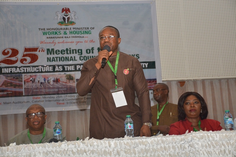 The Permanent Secretary Ministry of Works and Housing ably represented by Engr Uzor C O giving the opening remarks at the meeting of Permanent Secretaries at the 25th Meeting of the National Council of Works holding in Calabar Cross River State on the 27th November 2019