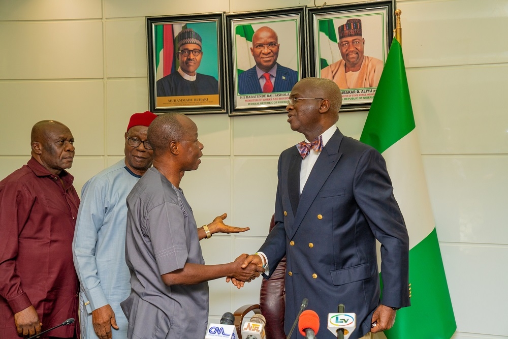 Hon  Minister of Works   Housing  Mr Babatunde Fashola SAN right   National President  Engr  Isaac  Uhunmwagho 2nd right    Chairman Ekeson Group and member Board of Trustees of PTONA  Chief Eugene Eke Ojukwu 2nd left  and Chairman of Dan Dollars Group  Chief Dan Dollars  Okemuo left   shortly after a courtesy visit by the National Executive   Trustees of Public Transport Owners of Nigeria Association  PTONA  at the Ministry of Works   Housing  Headquarters on Monday  9th December 2019