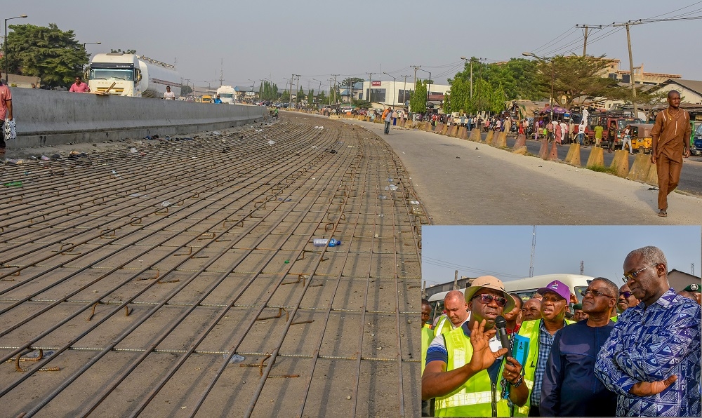 A cross section of the ongoing reconstruction with reinforcement at Section 3 from Cele Bus Stop to Antony during an inspection tour yesterday  INSET  Hon  Minister of Works   Housing  Mr Babatunde Fashola SAN  right   Chairman  Dangote Group  Alhaji Aliko Dangote  left   Director Highways  Construction and Rehabilitation Engr  Oluyemi Oguntominiyi  2nd  left  being briefed by the Federal Controller of Works Lagos  Engr  Adedamola Kuti left  during the inspection of the ongoing construction work on Apapa  Oworonshoki     Ojota Expressway  Section 1 Sub  Sections A B D and Sections 3   4 in Lagos on Saturday 28th     December 2019