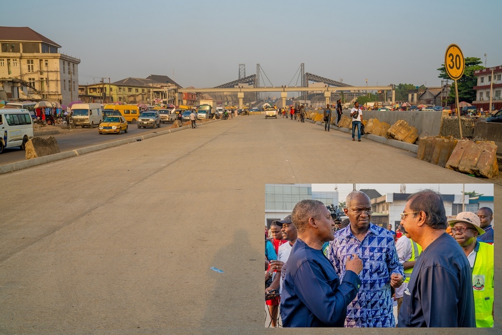 A cross section of the ongoing reconstruction with reinforcement at Section 3 from Cele Bus Stop to Antony during an inspection tour yesterday  INSET  Hon  Minister of Works   Housing  Mr Babatunde Fashola SAN middle   Chairman  Dangote Group  Alhaji Aliko Dangote left  and Group Executive Director  Strategy  Capital Projects and Portfolio Development  Dangote Industries Limited  Mr Devakumar Edwin during the inspection of the ongoing construction work on Apapa   Oworonshoki     Ojota Expressway  Section 1 Sub  Sections A B D and Sections 3   4 in Lagos on Saturday 28th     December 2019