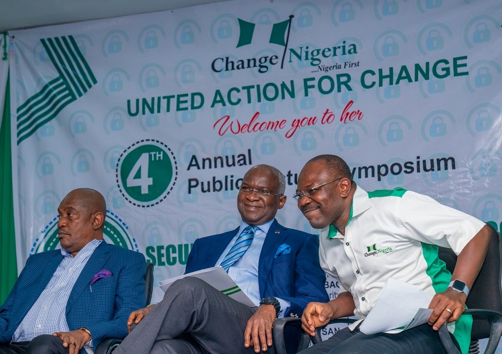 Hon  Minister of Works   Housing and Guest Speaker  Mr Babatunde Fashola  SAN  middle    Convener  United Action for Change   SAN  right  and  former Inspector General of Police and Chairman of the occasion  Dr Solomon Arase  middle   shortly before the Hon  Minister delivered his Keynote address on the  theme   INSECURITY    Taking Actions Against Organized Crime      at the 4th Annual Lecture Organized by the United Action for Change at the Digital Bridge Institute   Lagos on Thursday  6th February  2020