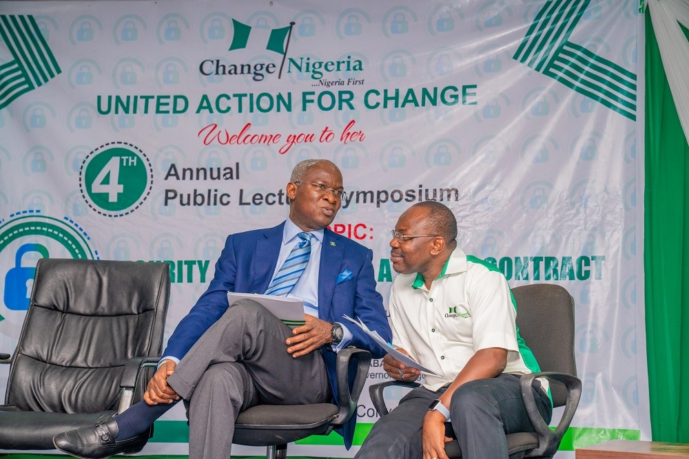 Hon  Minister of Works   Housing and Guest Speaker  Mr Babatunde Fashola  SAN  2nd right   and  Convener  United Action for Change  Dr Muiz Banire  SAN  right    shortly before the Hon  Minister delivered his Keynote address on the  theme   INSECURITY    Taking Actions Against Organized Crime      at the 4th Annual Lecture Organized by the United Action for Change at the Digital Bridge Institute   Lagos on Thursday  6th February  2020