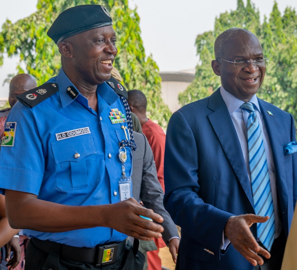 Hon  Minister of Works   Housing and Guest Speaker  Mr Babatunde Fashola  SAN  right  and Lagos State Commissioner of Police  Hakeem Odumosu  left   shortly after the Hon  Minister delivered his Keynote address on the  theme   INSECURITY    Taking Actions Against Organized Crime      at the 4th Annual Lecture Organized by the United Action for Change at the Digital Bridge Institute   Lagos on Thursday  6th February  2020 