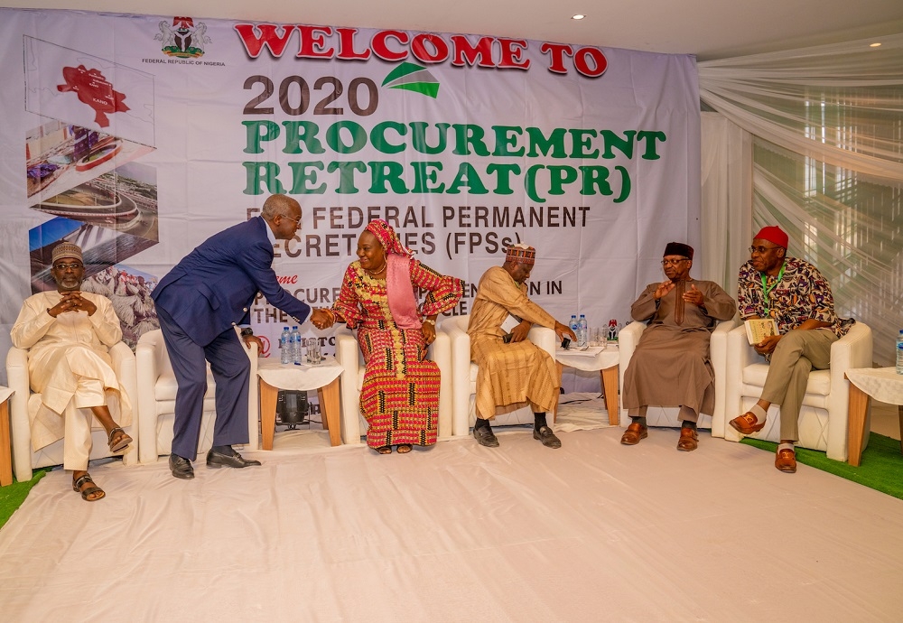 Hon  Minister of Works   Housing  Mr Babatunde Fashola  SAN 2nd left   Hon  Minister of Transportation  Mr Rotimi Amaechi  right   Hon  Minister of Health  Dr Osagie Ehanire 5th right   Hon  Minister of Water Resources  Engr  Suleiman Hussein Adamu left    Head of the Civil Service of the Federation  Dr  Mrs  Folashade Yemi     Esan  3rd left  and Director General  Bureau of Public Procurement BPP   Alhaji Mamman Ahmadu 3rd right  during the 2020 Procurement Retreat for Federal Permanent Secretaries with the theme     Procurement Implementation in the New Budget Cycle     at the Bristol Palace Hotel Farm Centre  Kano State on Saturday  February 8  2020