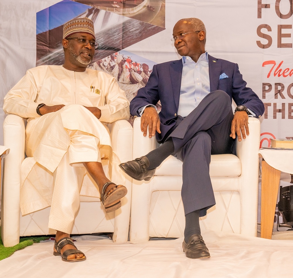 Hon  Minister of Works   Housing  Mr Babatunde Fashola  SAN  right  and his   Water Resources counterpart  Engr  Suleiman Hussein Adamu  left    during the 2020 Procurement Retreat for Federal Permanent Secretaries with the theme     Procurement Implementation in the New Budget Cycle     at the Bristol Palace Hotel Farm Centre  Kano State on Saturday  February 8  2020