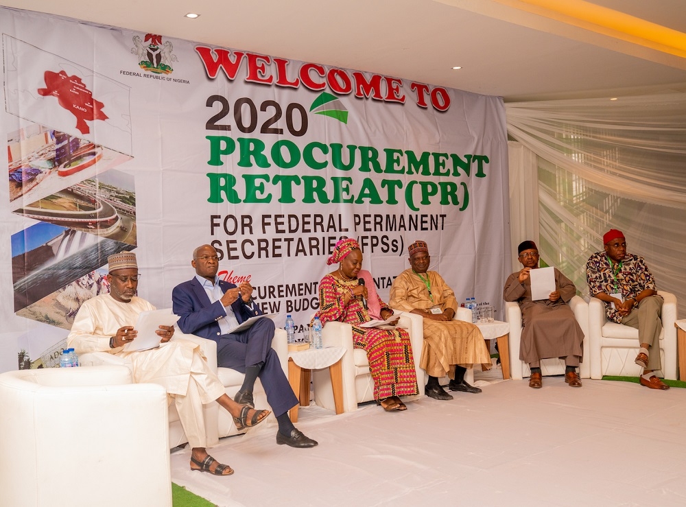 Hon  Minister of Works   Housing  Mr Babatunde Fashola  SAN  2nd left  Hon  Minister of Transportation  Mr Rotimi Amaechi  right   Hon  Minister of Health  Dr Osagie Ehanire  5th right  Hon  Minister of Water Resources  Engr  Suleiman Hussein Adamu left    Head of the Civil Service of the Federation  Dr  Mrs  Folashade Yemi     Esan 3rd left  and Director General  Bureau of Public Procurement BPP   Alhaji Mamman Ahmadu  3rd right  during the 2020 Procurement Retreat for Federal Permanent Secretaries with the theme     Procurement Implementation in the New Budget Cycle     at the Bristol Palace Hotel Farm Centre  Kano State on Saturday  February 8  2020