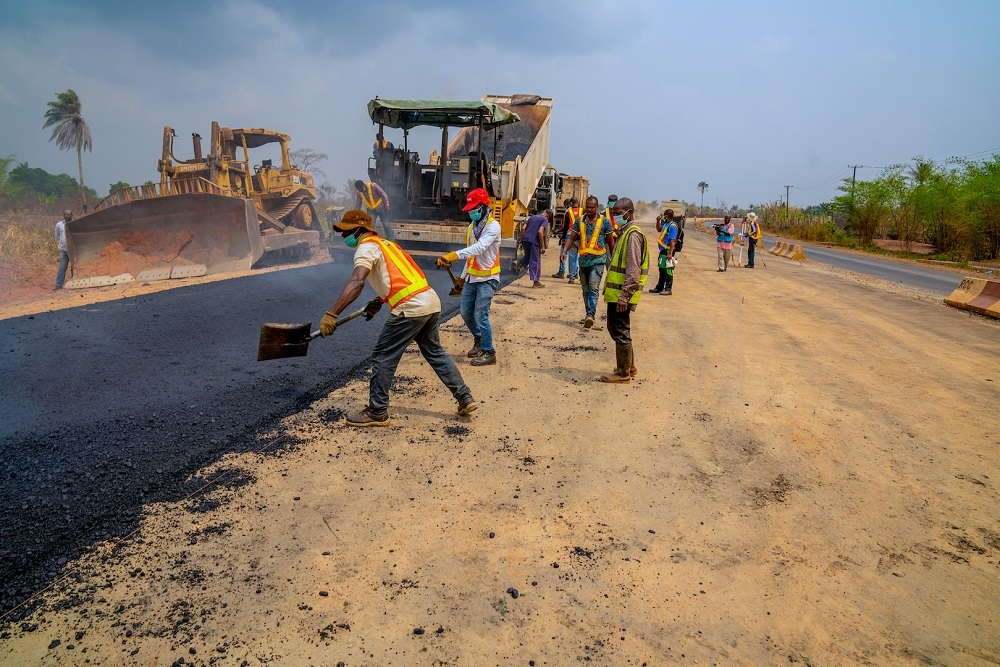 Personnel of RCC Nigeria Ltd at work during the   inspection tour of the ongoing Dualization of Lokoja     Benin Road Section IV  Phase ll  Ehor     Benin  Edo State by the  Hon  Minister of Works   Housing  Mr Babatunde Fashola SAN  as part of the tour of Federal Government  Highway and Housing Projects  in the South South on Monday  10th February 2020