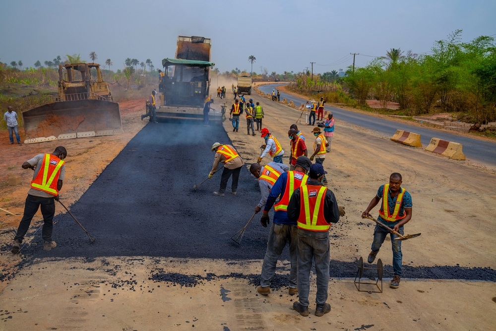 Personnel of RCC Nigeria Ltd at work during the Hon  Minister s inspection tour of the ongoing Dualization of Lokoja     Benin Road Section IV  Phase ll  Ehor     Benin  Edo State  by the  Hon  Minister of Works   Housing  Mr Babatunde Fashola SAN  as part of the tour of Federal Government  Highway and Housing Projects  in the South South on Monday  10th February 2020