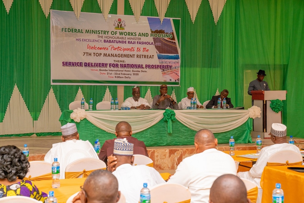 Hon  Minister of Works and Housing  Mr Babatunde Fashola SAN  2nd left   Minister of State in the Ministry  Engr  Abubakar Aliyu  left   Permanent Secretary  Works and Housing  Mr Mohammed  Bukar   2nd right  and Acting Surveyor General of the Federation  OSGoF   Surveyor Taiwo Adeniran   left  on Day One of    the 7th  Edition of the Retreat for Heads of Departments and Chief Executive Officers of Agencies of the Federal Ministry of Works and Housing  with the theme   Service Delivery for National Prosperity    at the Gombe International Hotel  Gombe State on Friday  21st February 2020