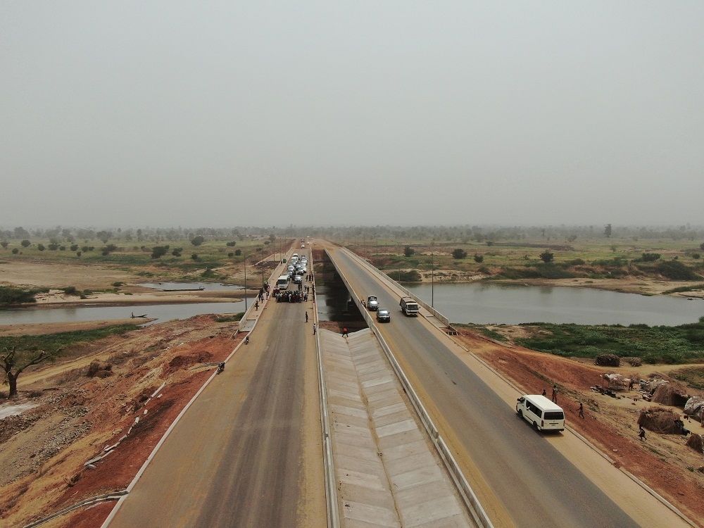 Aerial view of the 2 2Kilometre Loko   Oweto Bridge  over River Benue linking Loko and Oweto in Nasarawa and Benue States during an inspection tour by the  Hon  Minister of Works and Housing  Mr Babatunde Fashola SAN and the Minister of State  Engr  Abubakar Aliyu  on Friday  13th March 2020