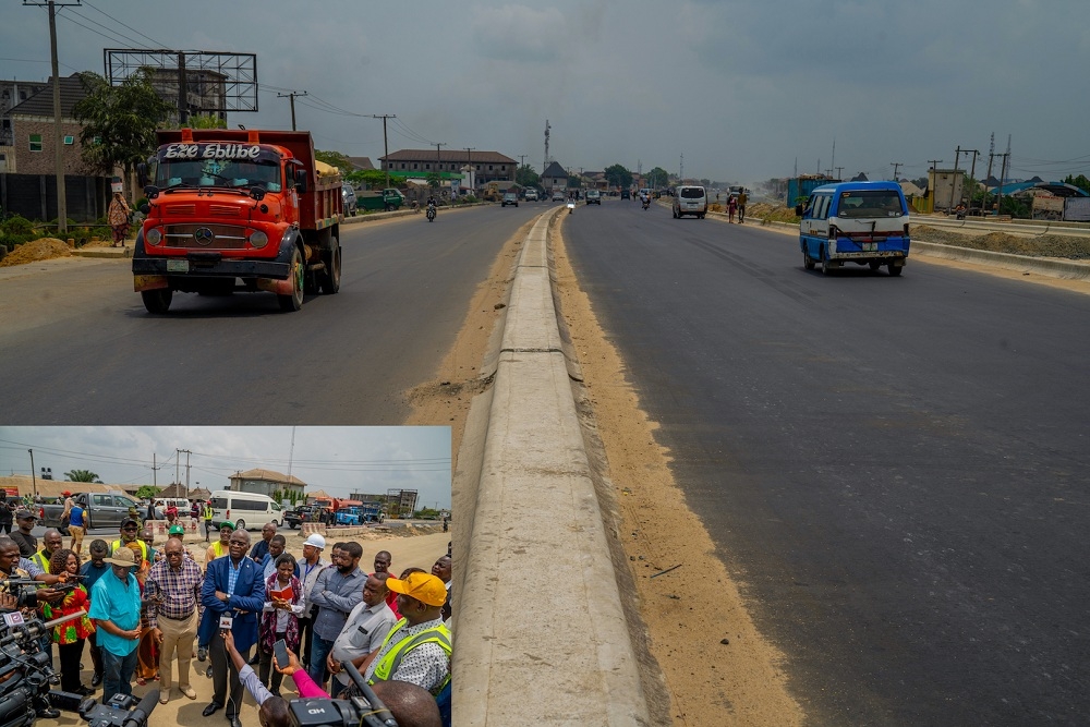 A completed section of the Port Harcourt Township Township segment being upgraded to eight lanes during an inspection tour of the  Reconstruction of Enugu  Port Harcourt Expressway  Section lV  Aba   Port Harcourt in   Rivers and Abia States by the Hon  Minister INSET  Hon  Minister of Works   Housing  Mr Babatunde Fashola SAN middle  flanked by the Director  Highways  Construction and Rehabilitation  Engr  Oluyemi Oguntominiyi  3rd left   Director  Highways  South South Zone  Engr  Godwin Eke  2nd left   the Federal Controller of Works in Rivers State  Engr  Johnson Fadire  right   the Assistant Chief Engineer  Rivers State Field Headquarters  Engr  Tarilade Enwereama  left  and others while speaking with journalists shortly after the inspection of the Reconstruction of Enugu  Port Harcourt Expressway  Section lV  Aba   Port Harcourt in Rivers and Abia States on Thursday  19th March 2020