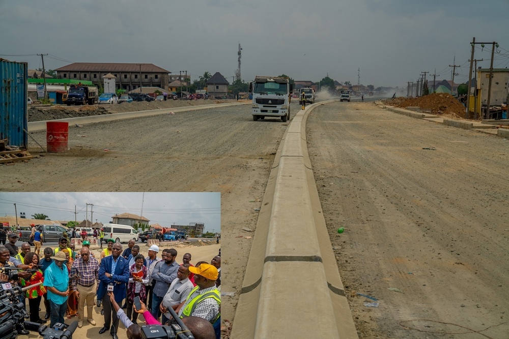 A cross section of on going work on the  Port Harcourt Township Township segment being upgraded to eight lanes during an inspection tour of  the Reconstruction of Enugu  Port Harcourt Expressway  Section lV  Aba   Port Harcourt in Rivers and Abia States by the Hon  Minister  INSET   Hon  Minister of Works   Housing  Mr Babatunde Fashola SAN middle  flanked by the Director  Highways  Construction and Rehabilitation  Engr  Oluyemi Oguntominiyi  3rd left   Director  Highways  South South Zone  Engr  Godwin Eke  2nd left   the Federal Controller of Works in Rivers State  Engr  Johnson Fadire  right   the Assistant Chief Engineer  Rivers State Field Headquarters  Engr  Tarilade Enwereama  left  and others while speaking with journalists shortly after the inspection of the Reconstruction of Enugu  Port Harcourt Expressway  Section lV  Aba   Port Harcourt in Rivers and Abia States on Thursday  19th March 2020