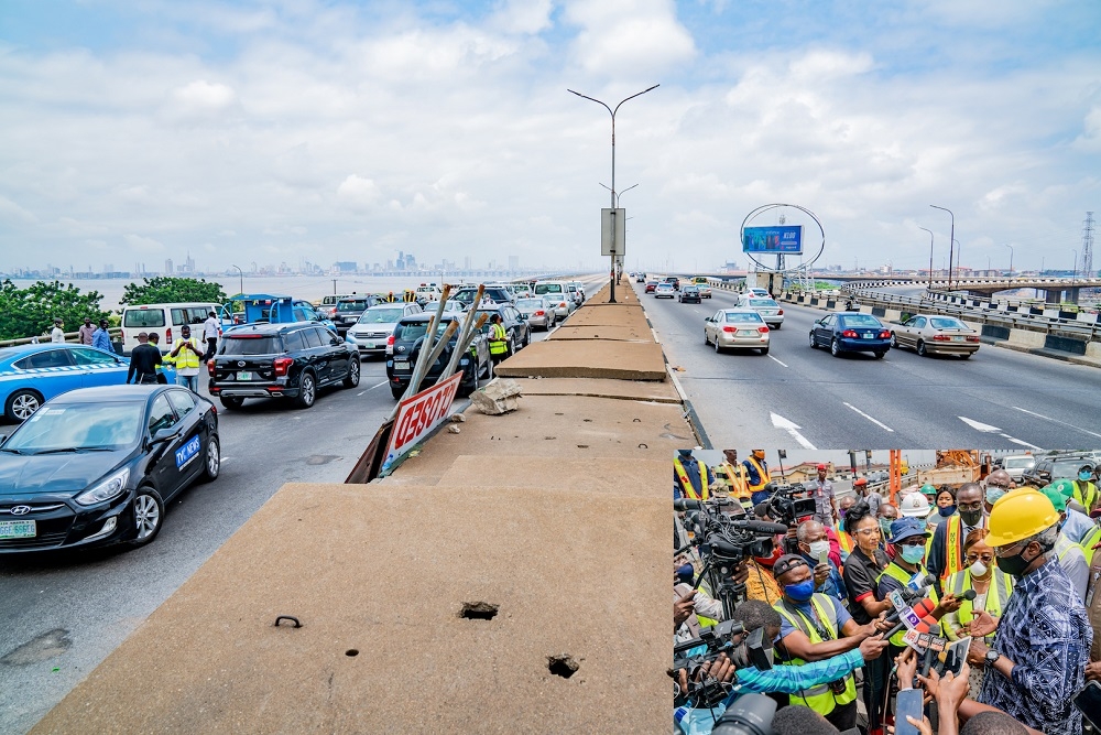 A cross section of the partially closed Third Mainland Bridge in Lagos State currently undergoingÂ Repairs and RestorationÂ works during an inspection tour by theÂ Hon. Minister of Works and Housing, Mr Babatunde Fashola,SANÂ on Tuesday 27th July 2020.Â INSET: TheÂ Hon. Minister of Works and Housing, Mr Babatunde Fashola,SAN (right) speaking with Journalists shortly after the inspection tourÂ on Tuesday 27th July 2020