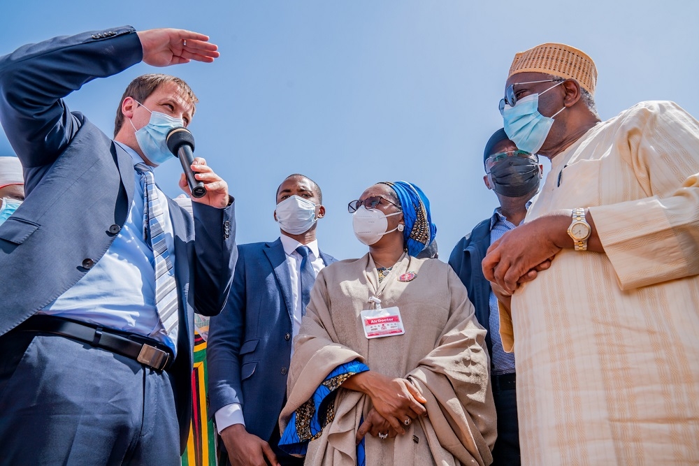 Chief of Staff to the President, Prof. Ibrahim Gambari (right),Hon. Minister of Works and Housing, Mr. Babatunde Fashola,SAN (2nd right), Hon. Minister of Finance, Budget and National Planning, Mrs. Zainab Ahmed(2nd left) and Managing Director, Julius Berger Nigeria Plc, Dr Lars Richter (left)Â during the Inspection of the Ongoing Reconstruction of Abuja -Kaduna -Zaria -Kano Dual Carriageway in the Federal Capital Territory, Kaduna and Kano States on Thursday 19th, November 2020