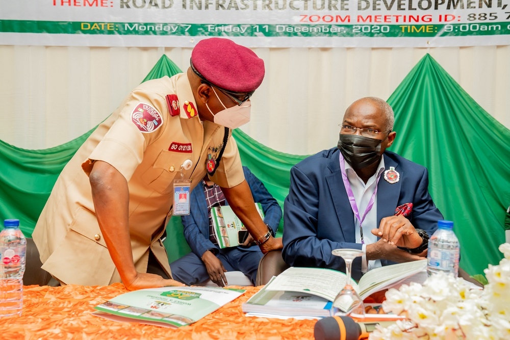 Hon. Minister of Works and Housing, Mr Babatunde Fashola,SAN (right) andÂ Corps Marshal , Federal Road Safety Corps, Dr Boboye Oyeyemi (left) during the 26th Meeting of the National Council on Works, with the theme,â€ Road Infrastructure Development, Job Creation and National Economic Growthâ€ at the Hotel Presidential, Aba Road, Port Harcourt, Rivers State on Thursday, 10th December 2020