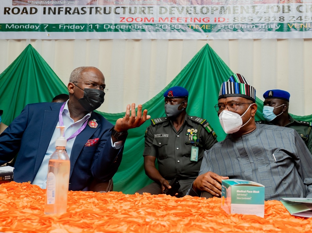 Hon. Minister of Works and Housing, Mr Babatunde Fashola,SAN (left) and Governor of Rivers State, Nyesom Ezenwo Wike (right) during the 26th Meeting of the National Council on Works, with the theme,â€ Road Infrastructure Development, Job Creation and National Economic Growthâ€ at the Hotel Presidential Aba Road, Port Harcourt, Rivers State on Thursday, 10th December 2020