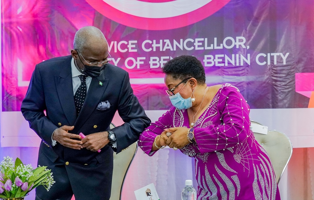 Hon. Minister of Works &amp; Housing and Keynote Speaker, Mr Babatunde Fashola, SAN (left) and Vice Chancellor,University of Benin, Prof. Lilian Salami (right) during the Special Luncheon Programme to Celebrate the Six UNIBEN Alumni recently elevated to the rank of Senior Advocate of Nigeria at the Indoor Sports Hall, University of Benin, Benin City, Edo State on Thursday, 28th January 2021.