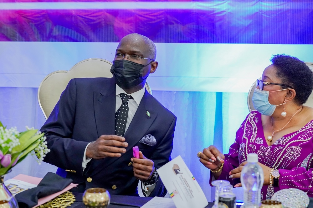 Hon. Minister of Works &amp; Housing and Keynote Speaker, Mr Babatunde Fashola, SAN (left) and Vice Chancellor,University of Benin, Prof. Lilian Salami (right) during  the Special Luncheon Programme to Celebrate the Six UNIBEN Alumni recently elevated to the rank of Senior Advocate of Nigeria at the Indoor Sports Hall, University of Benin, Benin City, Edo State on Thursday, 28th January 2021.