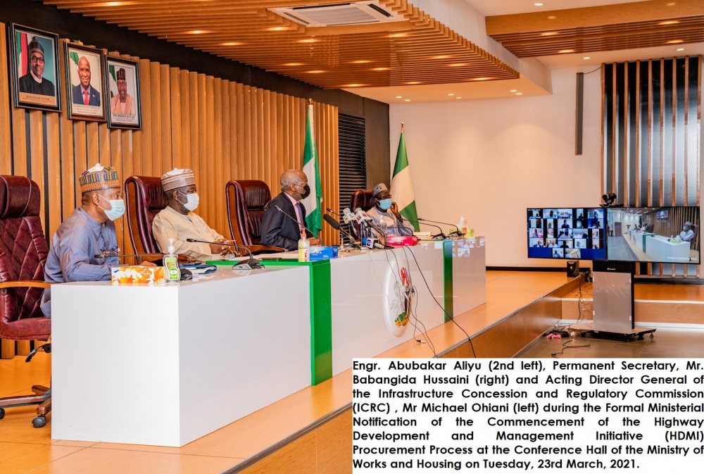 Hon. Minister of Works and Housing, Mr Babatunde Fashola,SAN (2nd right), Hon. Minister of State in the Ministry, Engr. Abubakar Aliyu (2nd left), Permanent Secretary, Mr. Babangida Hussaini (right) and Acting Director General of the Infrastructure Concession and Regulatory Commission (ICRC) , Mr Michael Ohiani (left) during the Formal Ministerial Notification of the Commencement of the Highway Development and Management Initiative (HDMI) Procurement Process at the Conference Hall of the Ministry of Works and Housing on Tuesday, 23rd March, 2021