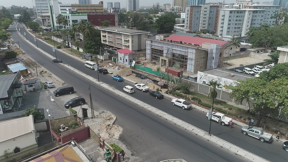 Aerial View of the completed Rehabilitation of Outer Marina, Bonny Camp Road and Eko Bridge through Apongbon Bridge with Access ramps in Lagos State during an inspection visit by the Hon. Minister of Works and Housing, Mr Babatunde Fashola,SAN on Saturday, 3rd April 2021