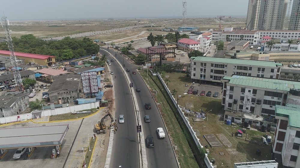 Aerial View of the completed Rehabilitation of Outer Marina, Bonny Camp Road and Eko Bridge through Apongbon Bridge with Access ramps in Lagos State during an inspection visit by the Hon. Minister of Works and Housing, Mr Babatunde Fashola,SAN on Saturday, 3rd April 2021