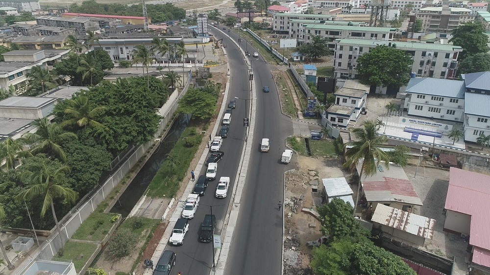 Aerial View of the completed Rehabilitation of Outer Marina, Bonny Camp Road and Eko Bridge through Apongbon Bridge with Access ramps in Lagos State during an inspection visit by the Hon. Minister of Works and Housing, Mr Babatunde Fashola,SAN on Saturday, 3rd April 2021