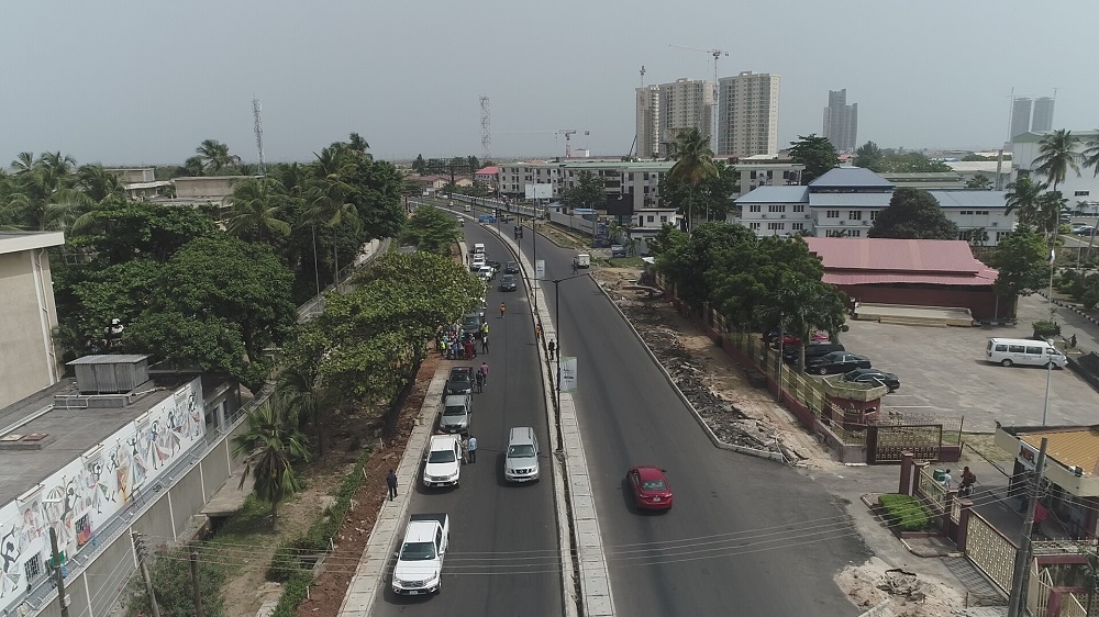 Aerial View of the completed Rehabilitation of Outer Marina, Bonny Camp Road and Eko Bridge through Apongbon Bridge with Access ramps in Lagos State during an inspection visit by the Hon. Minister of Works and Housing, Mr Babatunde Fashola,SAN on Saturday, 3rd April 2021