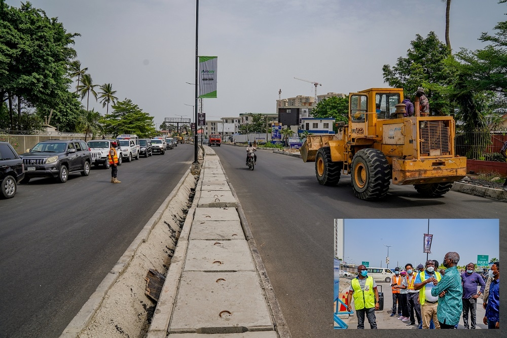 View of the completed Rehabilitation of Outer Marina, Bonny Camp Road and Eko Bridge through Apongbon Bridge with Access ramps in Lagos State on Saturday, 3rd April 2021.INSET: Hon. Minister of Works and Housing, Mr Babatunde Fashola,SAN(left) and Director, Highways South â€“ West Zone, Engr.  Ademola Kuti (right), Federal Controller of Works,Lagos State, Engr. Olukayode Popoola and others during an inspection visit on Saturday, 3rd ApriI 2021