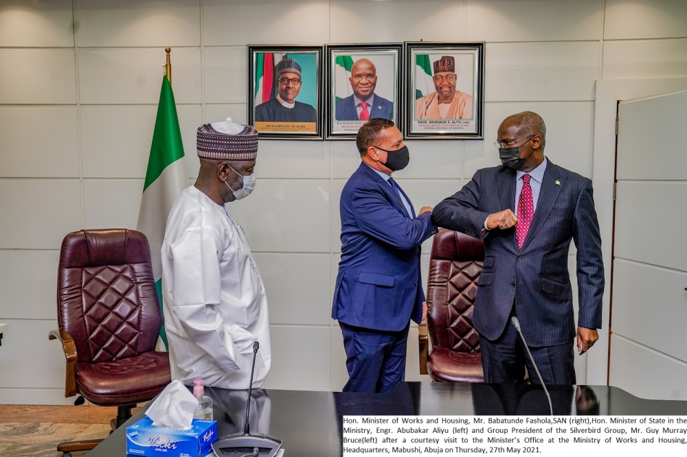 Hon. Minister of Works and Housing, Mr. Babatunde Fashola,SAN (right),Hon. Minister of State in the Ministry, Engr. Abubakar Aliyu (left) and Group President of the Silverbird Group, Mr. Guy Murray Bruce(left) after a courtesy visit to the Ministerâ€™s Office at the Ministry of Works and Housing, Headquarters, Mabushi, Abuja on Thursday, 27th May 2021.