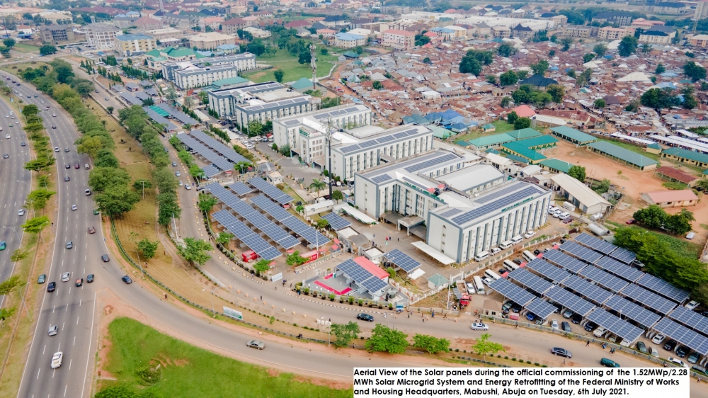 Aerial View of the Solar panels during the official commissioning of  the 1.52MWp/2.28 MWh Solar Microgrid System and Energy Retrofitting of the Federal Ministry of Works and Housing Headquarters, Mabushi, Abuja on Tuesday, 6th July 2021. 