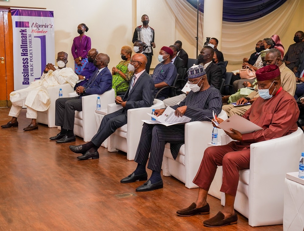 Special Guest of Honour and Secretary to the Government of the Federation, Mr Boss Mustapha (2nd right), Hon. Minister of Works and Housing, Mr. Babatunde Fashola, SAN (2nd left), his Water Resources counterpart, Engr. Suleiman Adamu(left), former Chairman of the All Progressives Congress (APC) and Chairman of the event, Chief John Odigie-Oyegun (middle) and Chairman, Business Hallmark Public Policy Forum, Chief Marc Wabara(right) during the Special TownHall Meeting with the theme,&#039;&#039; Nigeria Infrastructure Revolution: Road to a New Future&quot;,  organized by the Business Hallmark Public Policy Forum at the Shehu Musa Yar&#039;Adua Centre, Abuja on Thursday, 29th July 2021.