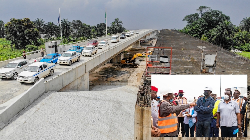 A view of the new Afa Creek Bridge which is one of the three major Bridges, nine mini Bridges , one Pipeline Crossing Bridge and access road making up the ongoing Bodo - Bonny Road with Bridges across the Opobo Channel Project during an inspection visit by the Hon. Minister of Works and Housing, Mr. Babatunde Fashola, SAN on Tuesday, 10th August 2021.  INSET: The Hon. Minister of Works and Housing, Mr. Babatunde Fashola, SAN (2nd right),Director, Bridges and Design in the Ministry, Engr. Emmanuel Adeoye (right), the Project Engineering Representative, Engr. Eseme Udoh (2nd left)  and a Member of the Project&#039;s Peace Committee, HRH Mene Stephen Kpea of Mogho, Gokana LGA , Rivers State (left) during the Inspection of the Bodo -Bonny Road with Bridges Across the Opobo Channel in Rivers State on Tuesday, 10th August 2021. Beside it is the old uncompleted Afa Creek Bridge built between 2007 and 2014. 