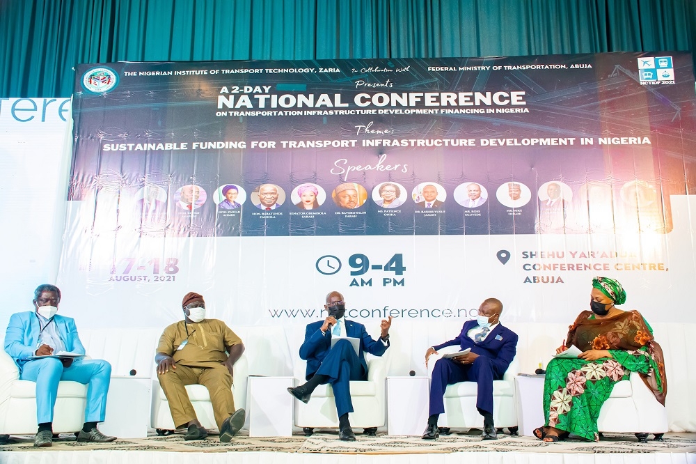 Hon. Minister of Works and Housing, Mr. Babatunde Fashola, SAN (middle), Hon. Minister of State for Transportation, Senator Gbemisola  Saraki ( right), Chairman, Council Committee of the Nigerian Institute of Transport Technology (NITT), Zaria, Olorogun John Onojeharho (2nd right),  Professor, School of Transport, Lagos State University (LASU), Prof. Samuel Odewumi  ( left) and Director , Consultancy Services , NITT, Engr. Remi Adewunmi (2nd left) during the  Panel Discussion Session on  the sub-theme, &quot;Investment Opportunities in Transport Infrastructure,&quot; at the 2-Day National Conference on Transportation Development Financing in Nigeria, organized by the Nigerian Institute of Transport Technology (NITT), Zaria in collaboration with the Federal Ministry of Transportation  at the Shehu Musa Yar&#039;Adua Centre, Abuja on Tuesday, 17th July 2021. 