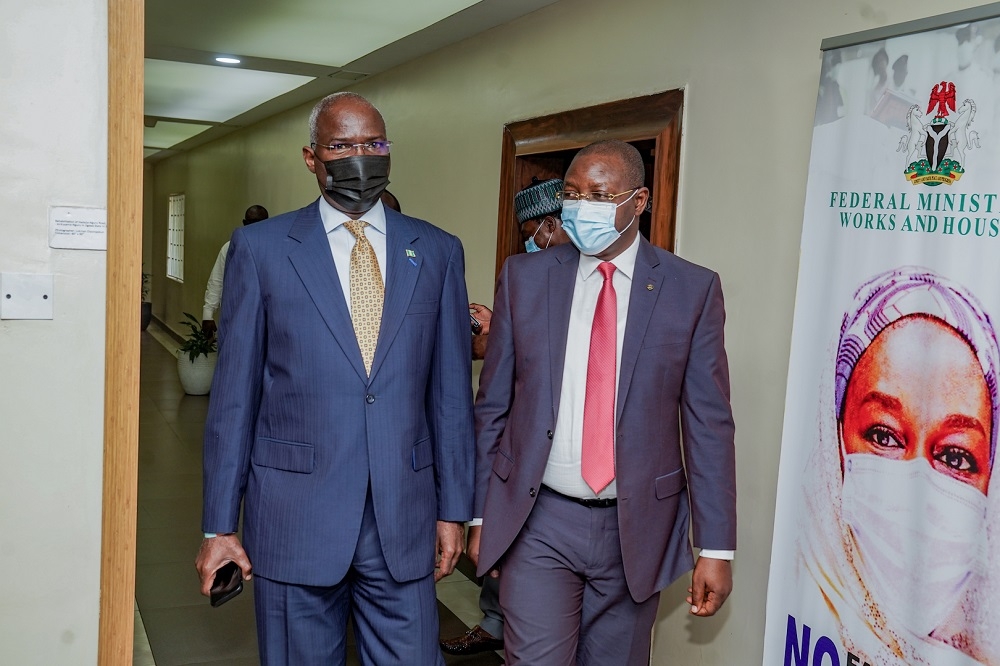 Hon. Minister of Works and Housing, Mr Babatunde Fashola,SAN (left) and  Hon. Minister of Youth and  Sports Development, Mr Sunday Dare(right)  shortly after a courtesy visit by the 1994 Super Eagles Team that won the African Nations Cup in Tunisia, tagged Tunisia &#039;94 led by the then Captain, Mr Eguavoen Augustine at the Ministry of Works and Housing, Headquarters, Mabushi, Abuja on 30th September 2021