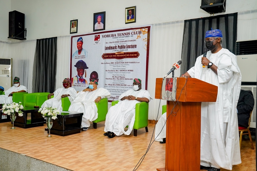 Hon. Minister of Works &amp; Housing and Guest Speaker, Mr Babatunde Fashola, SAN(right), Chairman, Yoruba Tennis Club, Chief Euzebio Babajide Damazio (2nd left), Ambassador of Nigeria to the Kingdom of Spain, Chief Ademola Seriki (left), Vice Chairman, Yoruba Tennis Club, Bro. Kunle Agbebi (2nd right) and Secretary Board of Trustees, Yoruba Tennis Club, Dr Oluyomi Finnih (middle)  during the Public Lecture organized by the Yoruba Tennis Club and delivered by the Hon. Minister on the theme,â€ What Can the President Do for Me ?â€ at the Greetings Hall, Yoruba Tennis Club on Friday, 5th November 2021.