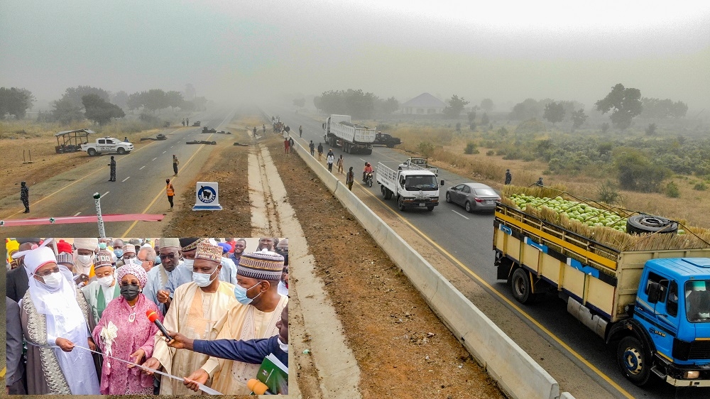 AÂ view of the Kano - Maiduguri Road, Section III (Azare - Potiskum) in Bauchi and Yobe States.INSET:Â Representative of President Muhammadu Buhari andÂ Hon. Minister of State for Industry, Trade and Investment, Ambassador Maryam Katagum (2nd left), Deputy Governor of Bauchi State, Senator Baba Tela (2nd right), Emir of Katagum, Dr. Umar Faruq Umar (left), Commissioner for Works, Bauchi State, Abdulkadir Ibrahim (right)Â  andÂ Â others during the Federal Government&#039;s commissioning and Handover ofÂ Kano - Maiduguri Road, Section III (Azare - Potiskum) in Bauchi and Yobe StatesÂ at Azare on Thursday, 8thÂ  December 2021