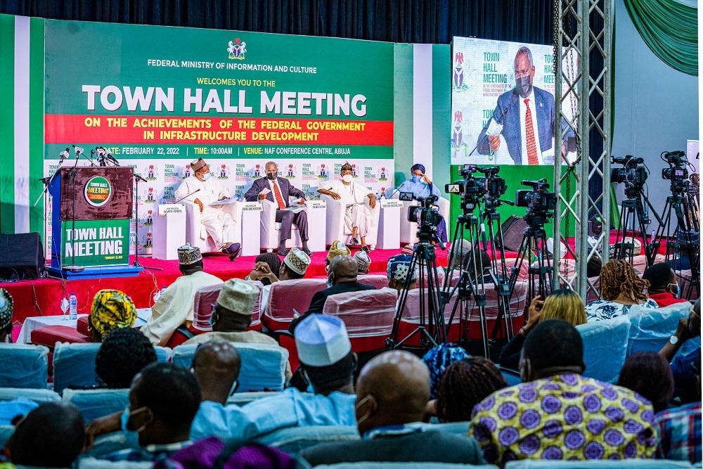 Hon. Minister of Works and Housing, Mr. Babatunde Fashola, SAN(2nd left) , his Finance, Budget and National Planning, Information and Culture counterparts, Dr. (Mrs) Zainab Shamsuna Ahmed(right), Alhaji Lai Mohammed(2nd right), the Hon.Minister of State for Power, Mr. Goddy Jedy Agba(left) during the Town Hall Meeting on the Achievements of the Federal Government in Infrastructure Development  organized by the Federal Ministry of Information and Culture at the NAF Conference Centre, Abuja on Tuesday , 22nd February  2022