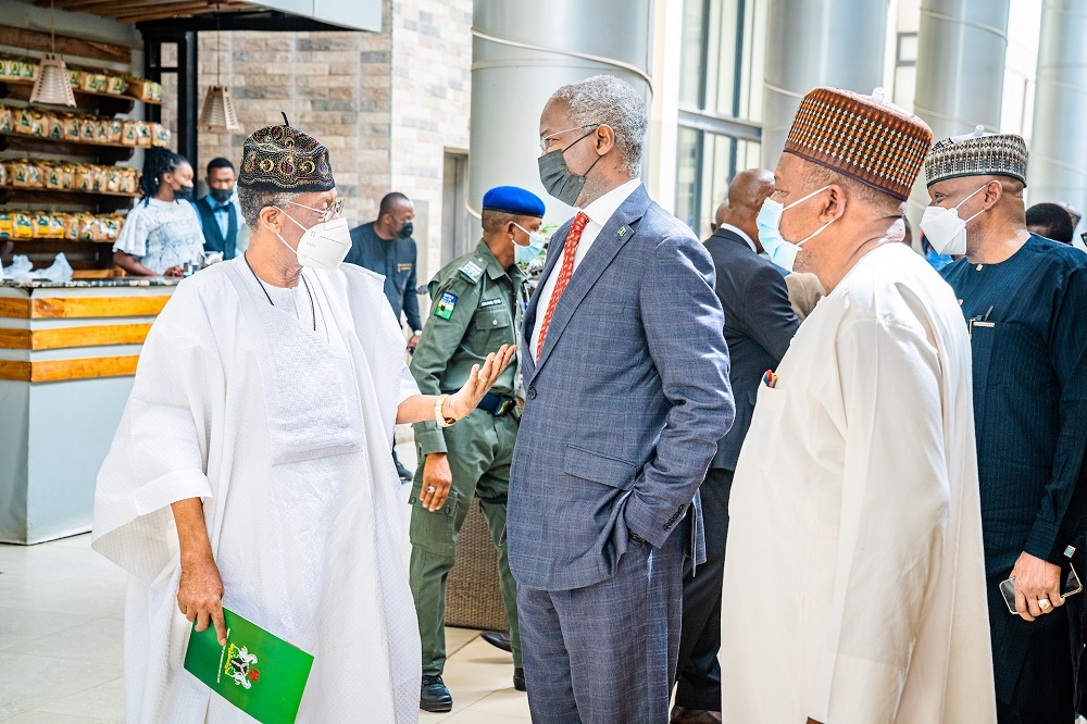 Hon. Minister of Works and Housing, Mr. Babatunde Fashola, SAN(2nd left) and his Information and Culture counterpart, Alhaji Lai Mohammed(left), Minister of State in the Ministry of Works and Housing, Mr. Mu&#039;azu Jaji Sambo (right) and his counterpart in the Ministry of Power, Mr. Goddy Jedy Agba(2nd right) shortly before  the Town Hall Meeting on the Achievements of the Federal Government in Infrastructure Development  organized by the Federal Ministry of Information and Culture at the NAF Conference Centre, Abuja on Tuesday , 22nd February  2022