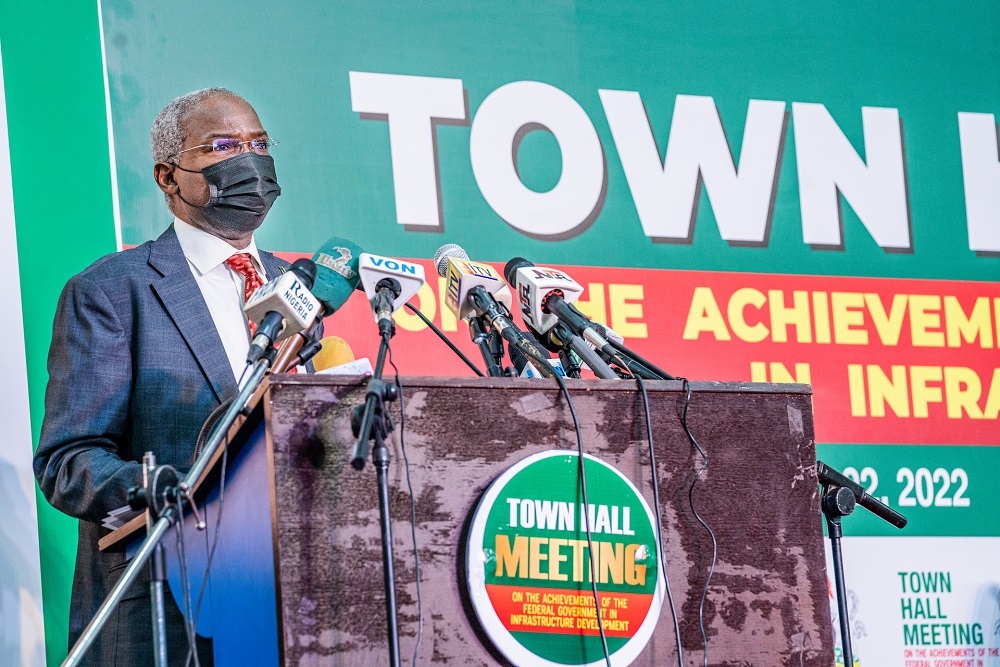 Hon. Minister of Works and Housing, Mr. Babatunde Fashola, SAN addressing the audience during the Town Hall Meeting on the Achievements of the Federal Government in Infrastructure Development  organized by the Federal Ministry of Information and Culture at the NAF Conference Centre, Abuja on Tuesday , 22nd February  2022