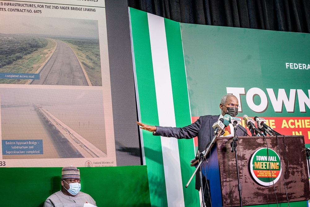 Hon. Minister of Works and Housing, Mr. Babatunde Fashola, SAN addressing the audience during the Town Hall Meeting on the Achievements of the Federal Government in Infrastructure Development  organized by the Federal Ministry of Information and Culture at the NAF Conference Centre, Abuja on Tuesday , 22nd February  2022