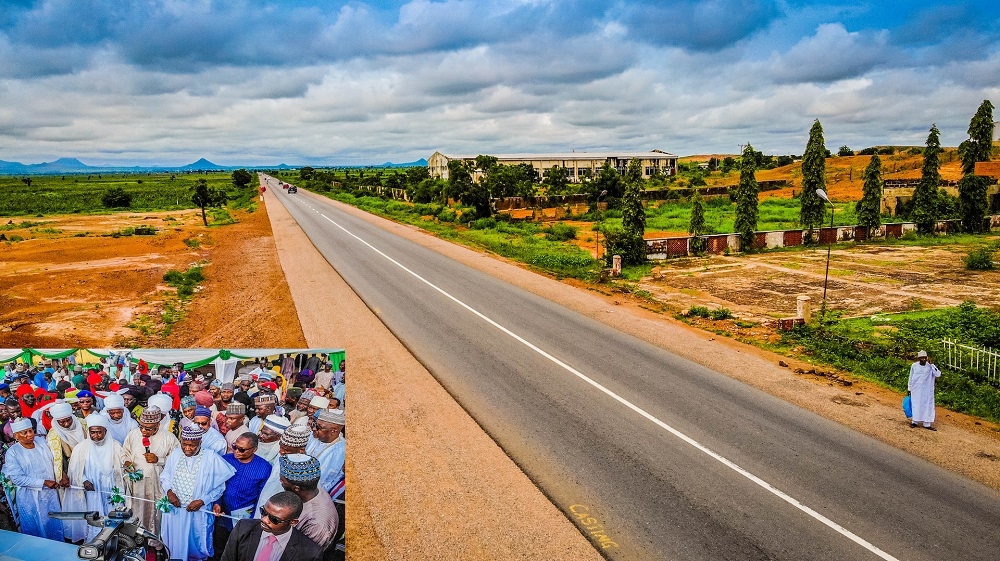  A view of Gombe - Kaltungo Road linking Kumo, Billiri and Kaltungo Communities in Gombe State after its rehabilitation by the Federal Government. INSET: Representative of President Muhammadu Buhari and Minister of Communications and Digital Economy, Prof. Isa Ali Pantami (3rd right), Governor of Gombe State, Alhaji Muhammadu  Inuwa Yahaya (2nd right), Emir of Gombe &amp; Chairman, Gombe State Council of Emirs &amp; Chiefs, HRH.Dr Abubakar Shehu Abubakar III (3rd left) and representative of the Hon. Minister of Works and Housing &amp; Director Highways, North East Zone, Engr. Celestine Shausu (right) and others during the Federal Government&#039;s Commissioning and Handover of  Gombe - Kaltungo Road in Gombe State  on Friday, 26th August 2022. 