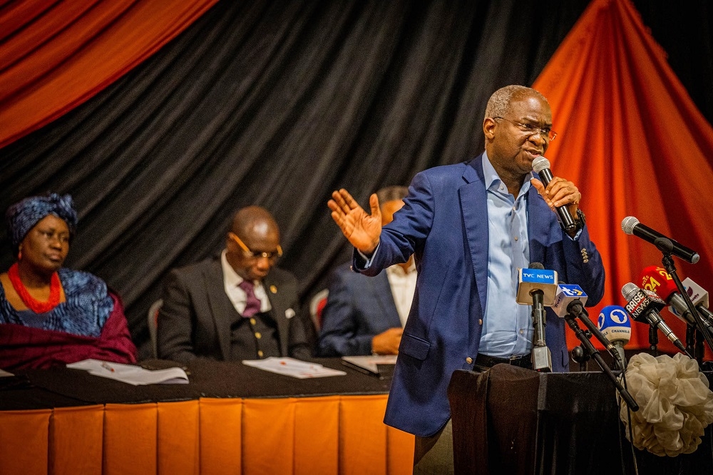 Hon. Minister of Works and Housing &amp; Guest Speaker, Mr Babatunde Fashola,SAN (left) addressing the audience and other participants during The Niche&#039;s Annual Lecture with the theme,&quot;2023 Elections and the Future of Nigeria&#039;s Democracy,&quot; at the Agip Recital Hall, Muson Centre, Onikan, Lagos on Thursday, 8th September 2022.  