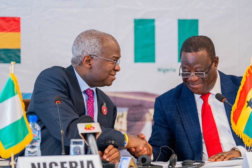 Hon. Minister of Works and Housing and the Chairman of Steering Committee, Mr. Babatunde Fashola, SAN (left) and Ghanaâ€™s Minister of Roads and Highways,Hon. Kwasi Amoako - Attah (right) during  the 17th Steering Committee Meeting of the Abidjan - Lagos Corridor Highway Development Project at the Hotel Sarakawa, Lome, Togo  on Friday, 9th December 2022.