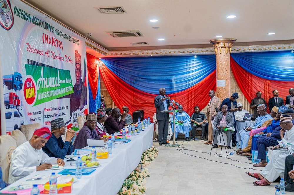 Hon. Minister of Works &amp; Housing and Guest of Honour, Mr Babatunde Fashola, SAN  delivering his Keynote Address during the 23rd Annual General Meeting / Conference of the Nigerian Association of Road Transport Owners (NARTO) at the Sandralia Hotel, Solomon Lar Way, Jabi, Abuja, FCT on Tuesday, 24th January 2023. 