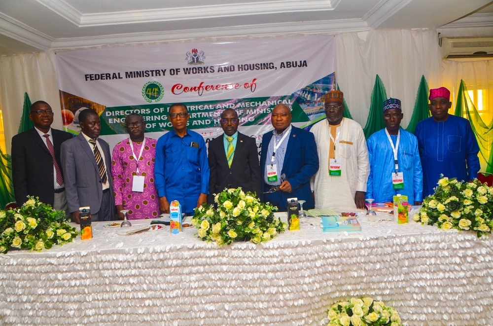 (Centre) Permanent Secretary, Federal Ministry of Works and Housing, Mahmuda Mamman; (4th Left) Director / HOD, Engineering Services Department, Engr. Felix Ebuzoeme and all other Directors of Electrical & Mechanical Engineering Department FMW&H, at the Opening of the 44th Conference of Directors of Electrical and Mechanical Engineering Departments of Ministries or Works and Housing. Tuesday 29th August, 2023