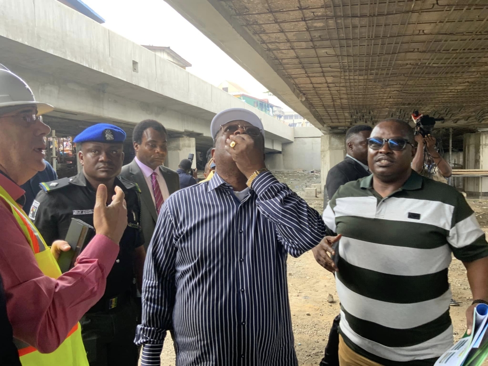 Honourable Minister, Federal Ministry of Works, Senator Dave Umahi, Director, Highways South West, Engr Adedamola Kuti, Director, Highways Bridges, Engr Owosanya Onatuga at the inspection of the Rehabilitation of Eko Bridge through Apongbon Bridge with Access Ramps in Lagos State on the 29th August, 2023