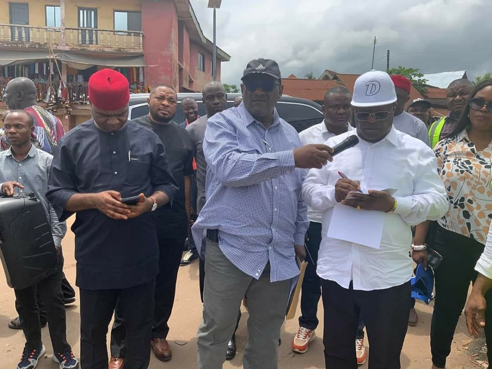 L-R Senator Onyekachi Nwebonyi, Deputy Chairman Senate Committee on Public Account, Director, Highways South East, Engr B. U. Obioha and The Honourable Minister, Federal Ministry of Works, Senator Dave Umahi, during the inspection of the Reconstruction of Osu-Owutu Road in Ebonyi State