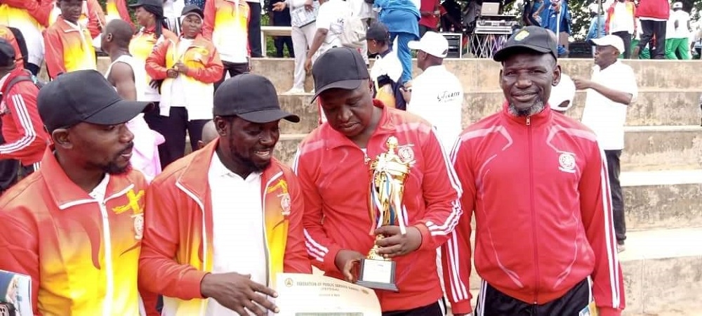 The Director, HRM Department Mr. Aliyu Abdullahi, Director Press, Mrs Adjobome Blessing Lere-Adams and staff of the Federal Ministry of Works at the FEPSGA monthly walking and jogging exercise held at the National Stadium