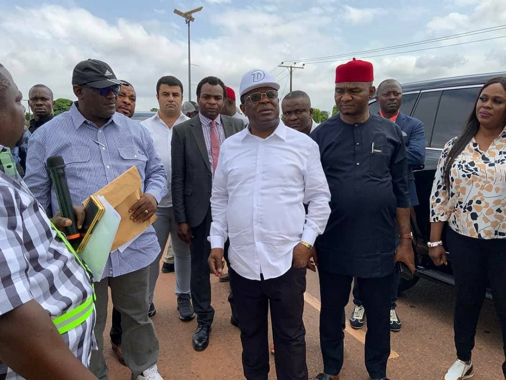 Honourable Minister, Federal Ministry of Works, Senator Dave Umahi and Senator Onyekachi Nwebonyi, Deputy Chairman Senate Committee on Public Account during the inspection of the Rehabilitation of Abakaliki-Afikpo Road, Section I Abakaliki-Onueke-Abomega Road in Abakaliki, Ebonyi State